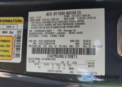 2020 Ford Mustang Ecoboost Premium z USA, uszkodzony, nr VIN 1FATP8UH8L5120875